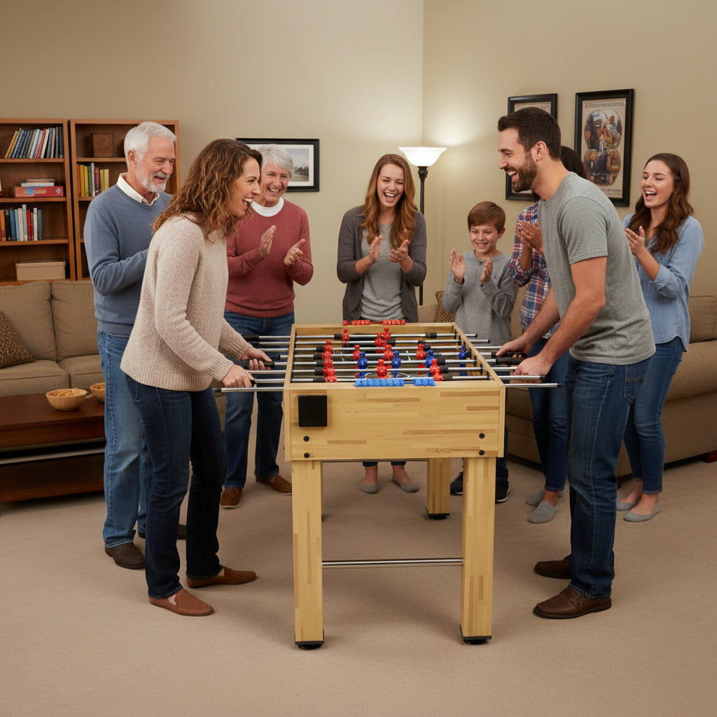 Foosball table with wooden surface and metal legs on a white background