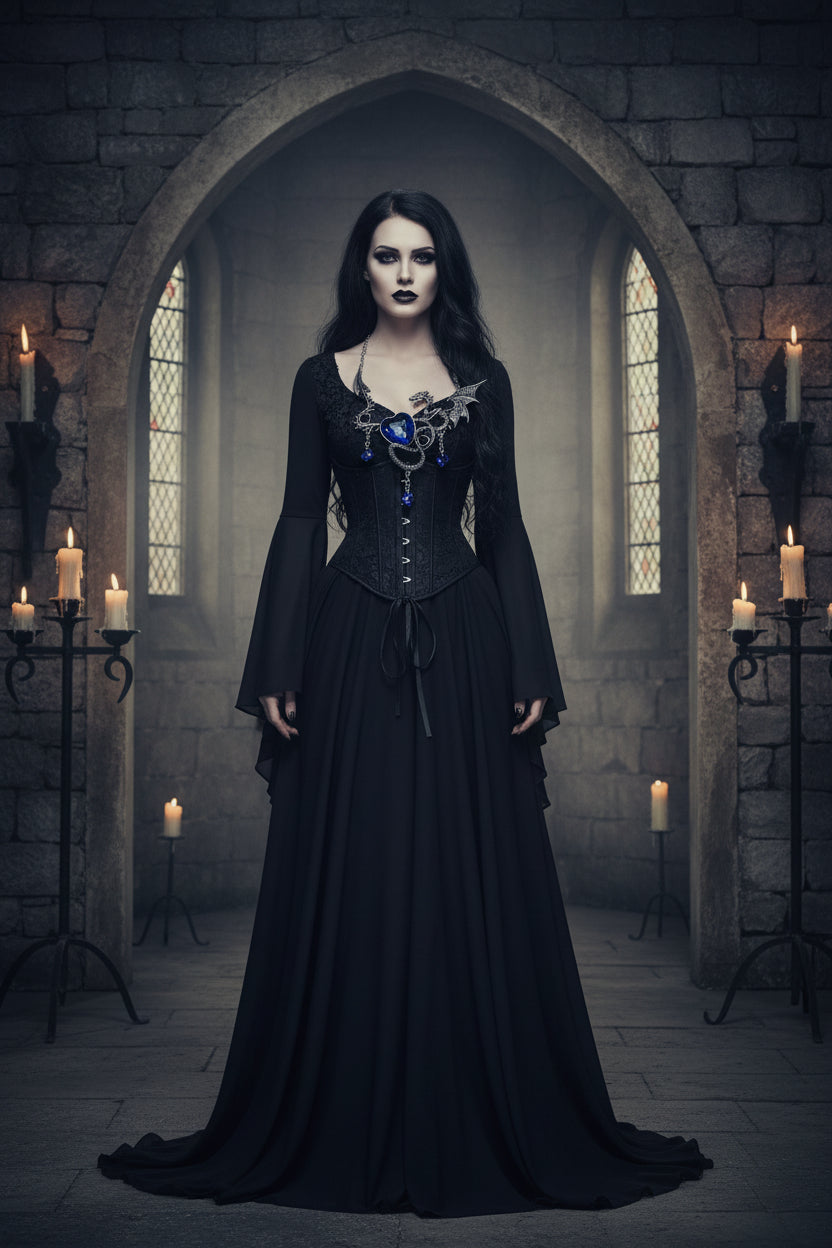 Necklace with dragon design and blue heart-shaped pendant on a black stand.