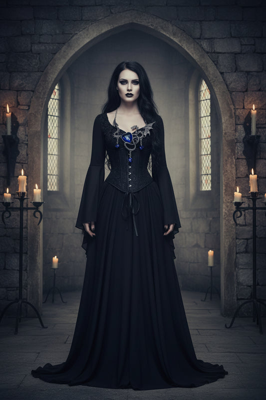 Necklace with dragon design and blue heart-shaped pendant on a black stand.