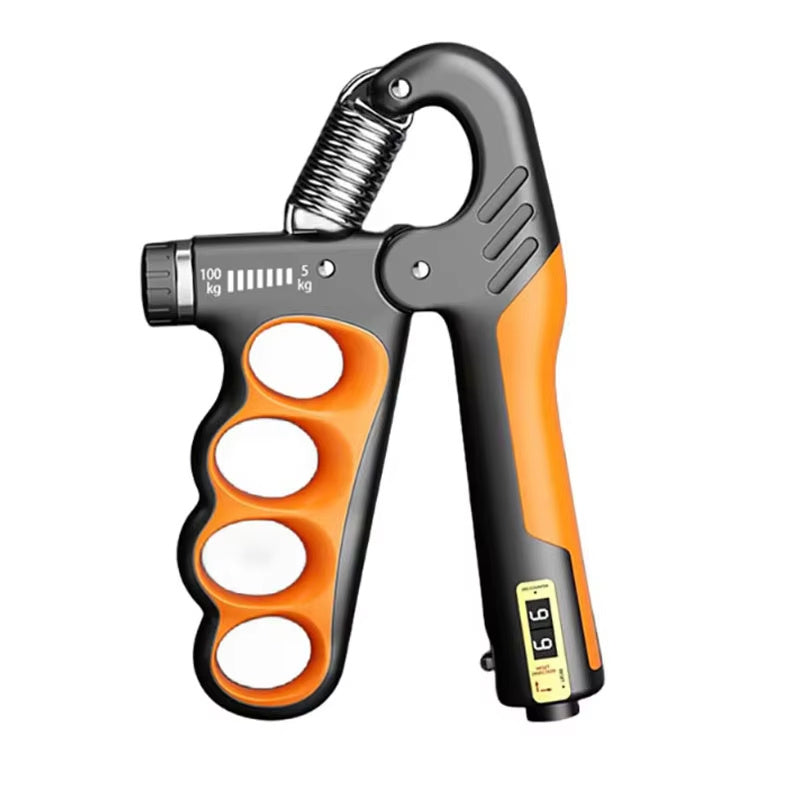 Grip strengthener with orange and black design on a white background