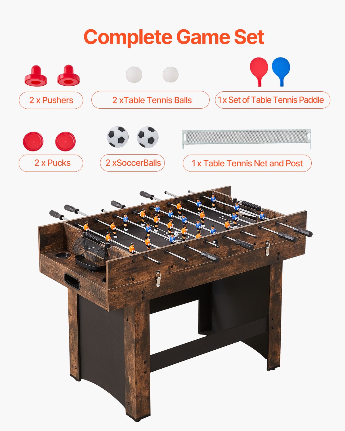 Foosball table with complete game set including balls, paddles, and accessories on a white background.