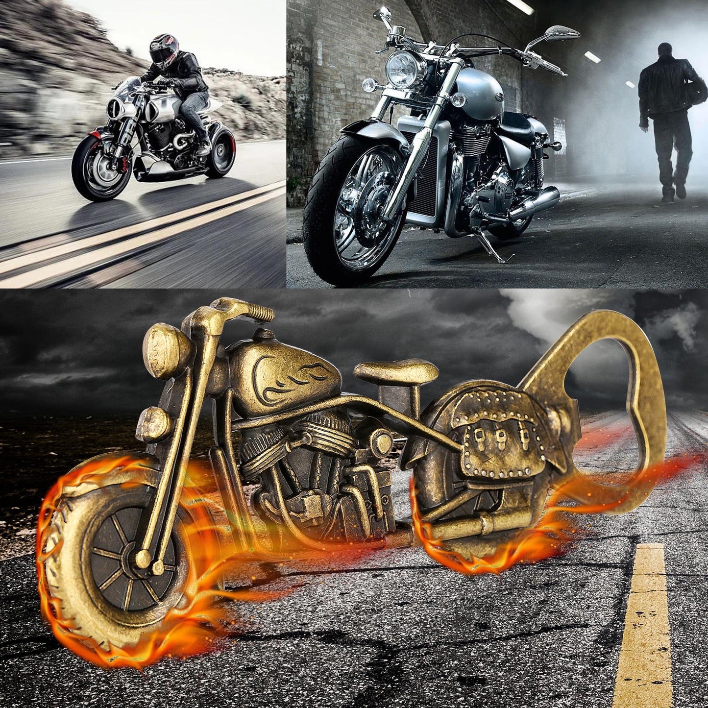 Collage of motorcycles, including a real motorcycle on a road and a stylized bronze motorcycle with flames.