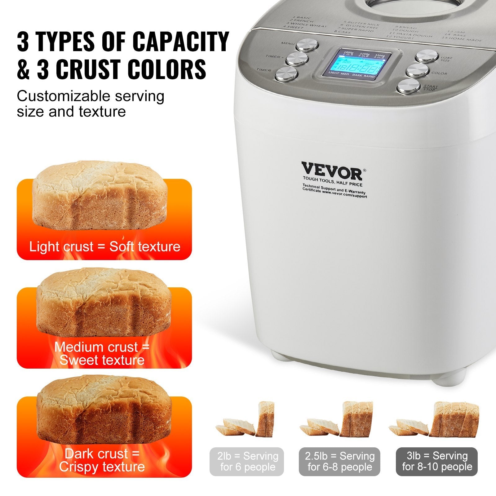 Vevor bread maker with three types of bread crust and serving sizes displayed.