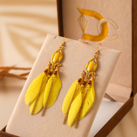 Yellow feather earrings on a display card with a beige background from Nested Wisdom