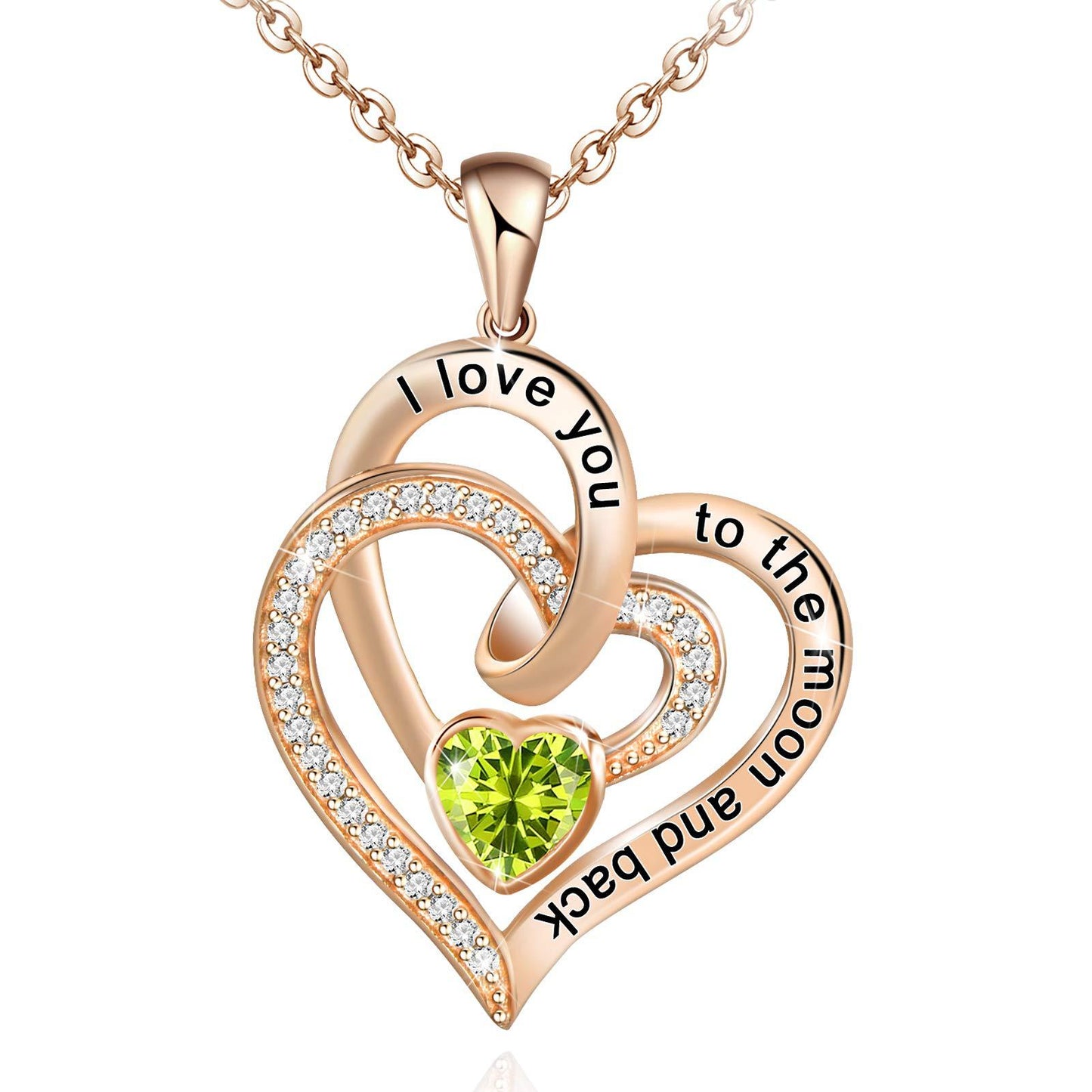 Birthstone Rose gold heart-shaped pendant with green gemstone and engraved text on a white background