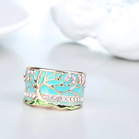 Gold Flower Tree Wide Ring with Green Enamel-Style Inlay on white