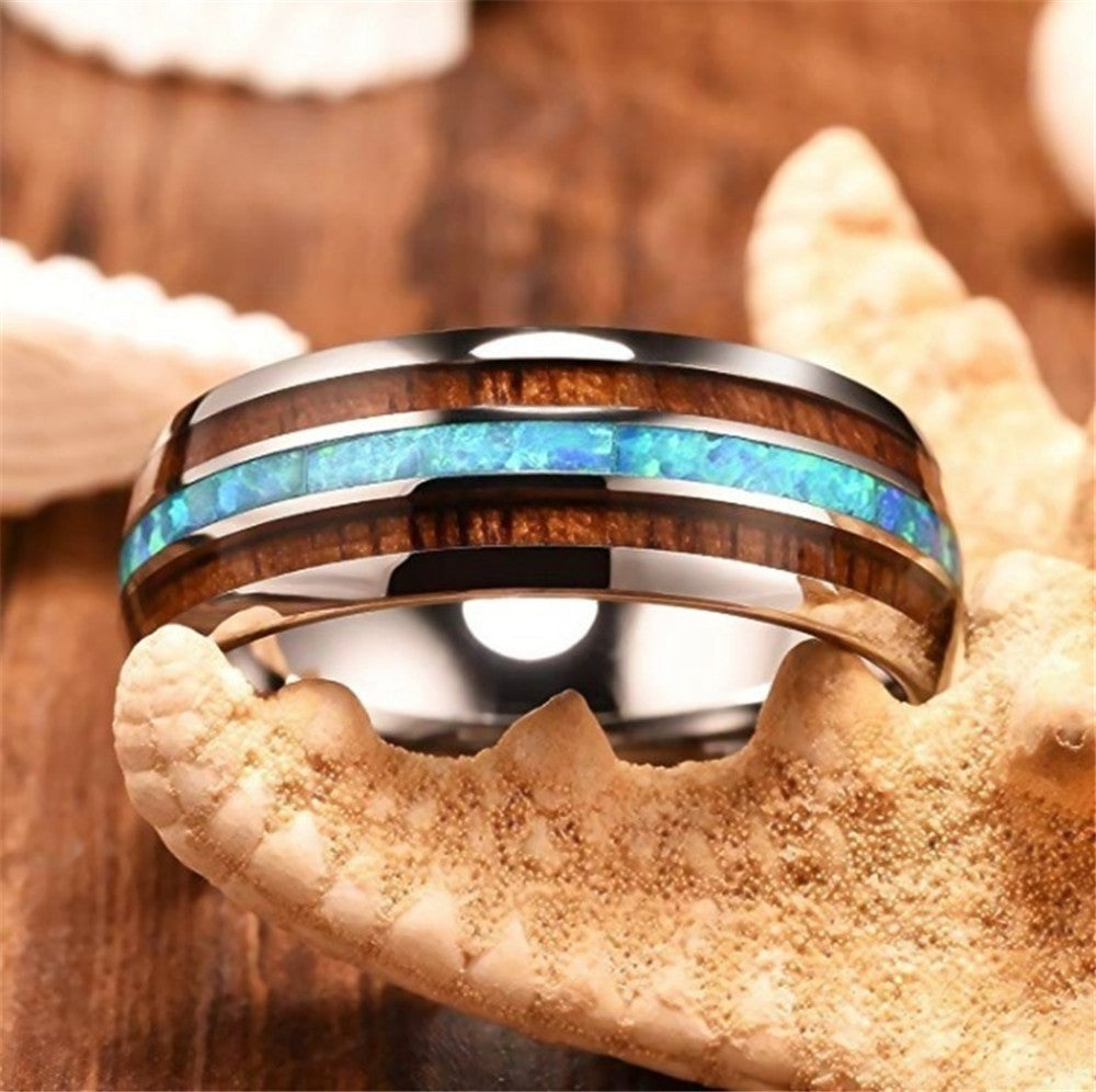 Blue Inlay Alloy Band Ring with Wood-Style Accent - ceramic tungsten