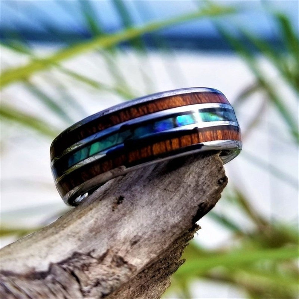 Blue Inlay Alloy Band Ring with Wood-Style Accent - ceramic tungsten