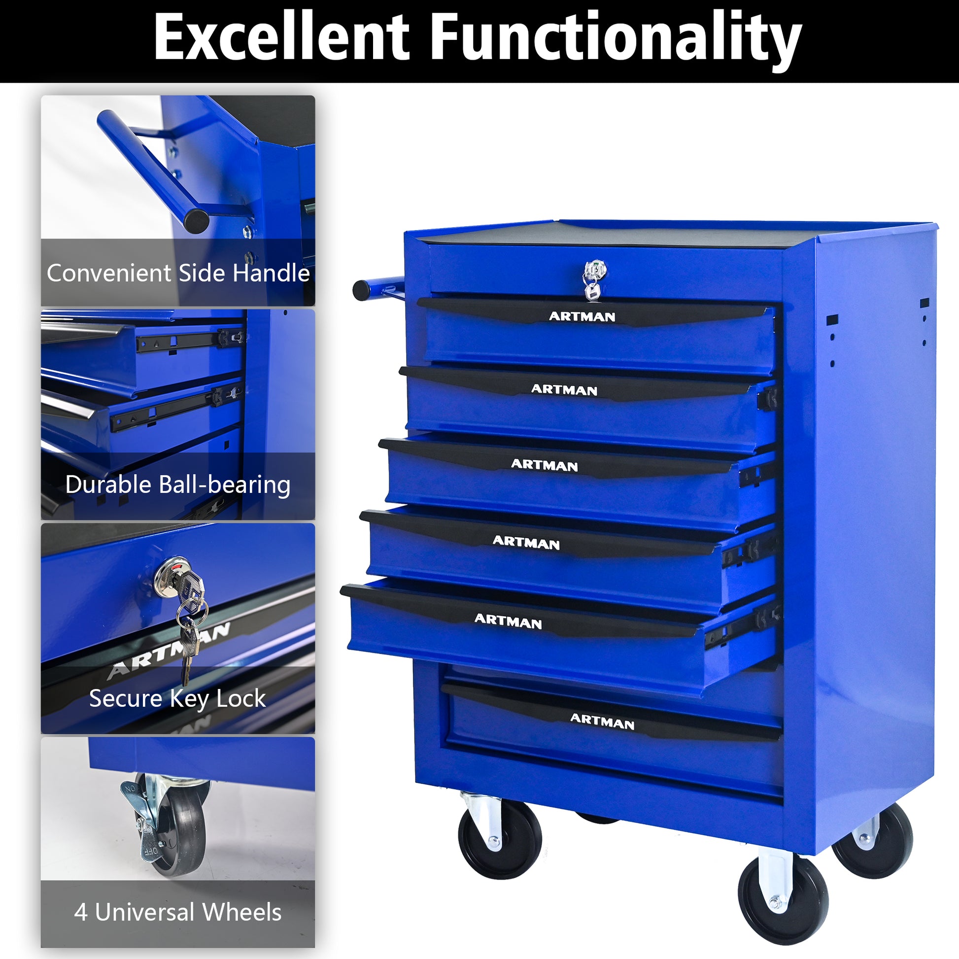 Blue tool cart with features highlighted on a white background