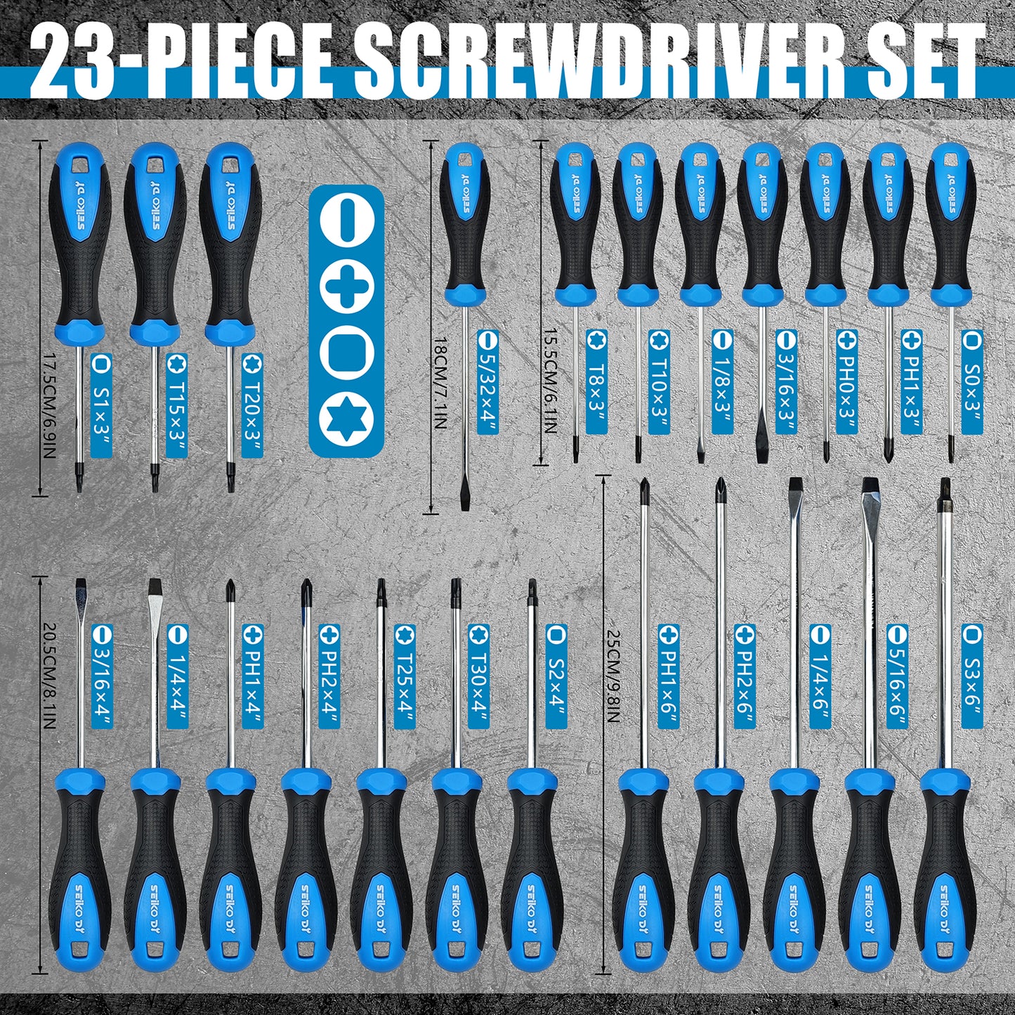 23-piece screwdriver set with blue and black handles on a gray background