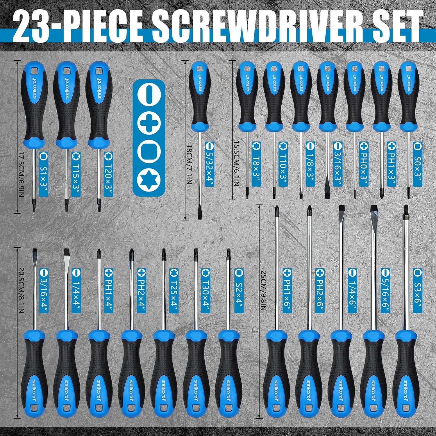23-piece screwdriver set with blue and black handles on a gray background
