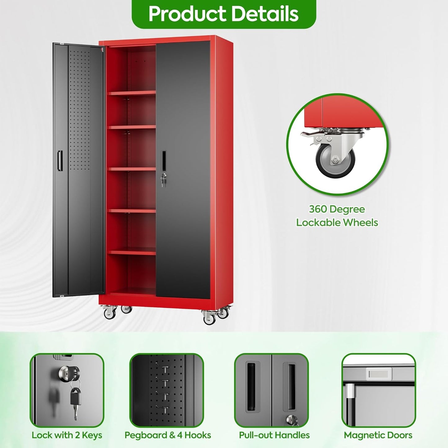 Red and gray storage cabinet with wheels and product features highlighted on a white background