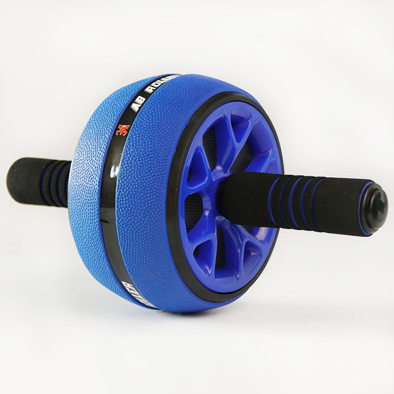 Blue ab roller with black handles on a white background