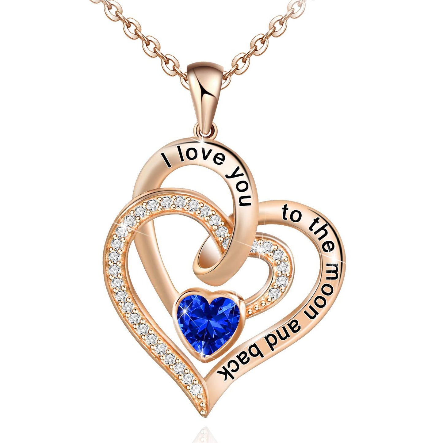 Birthstone Rose gold heart-shaped necklace with blue gemstone and engraved text on a white background