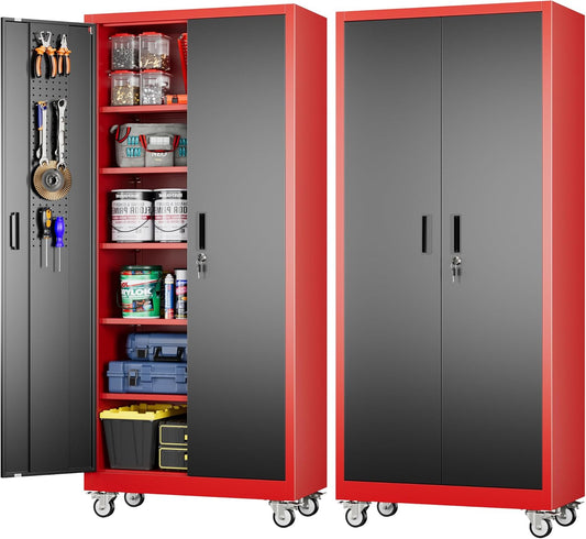 Red and gray storage cabinet with tools and supplies on a white background
