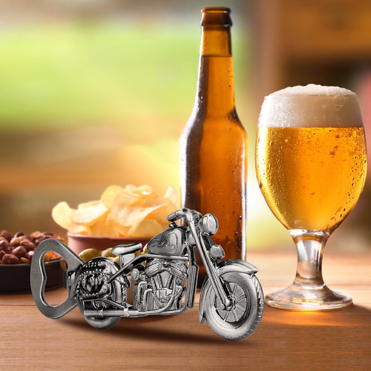Motorcycle bottle opener with beer, bottle, and glass on a wooden surface.