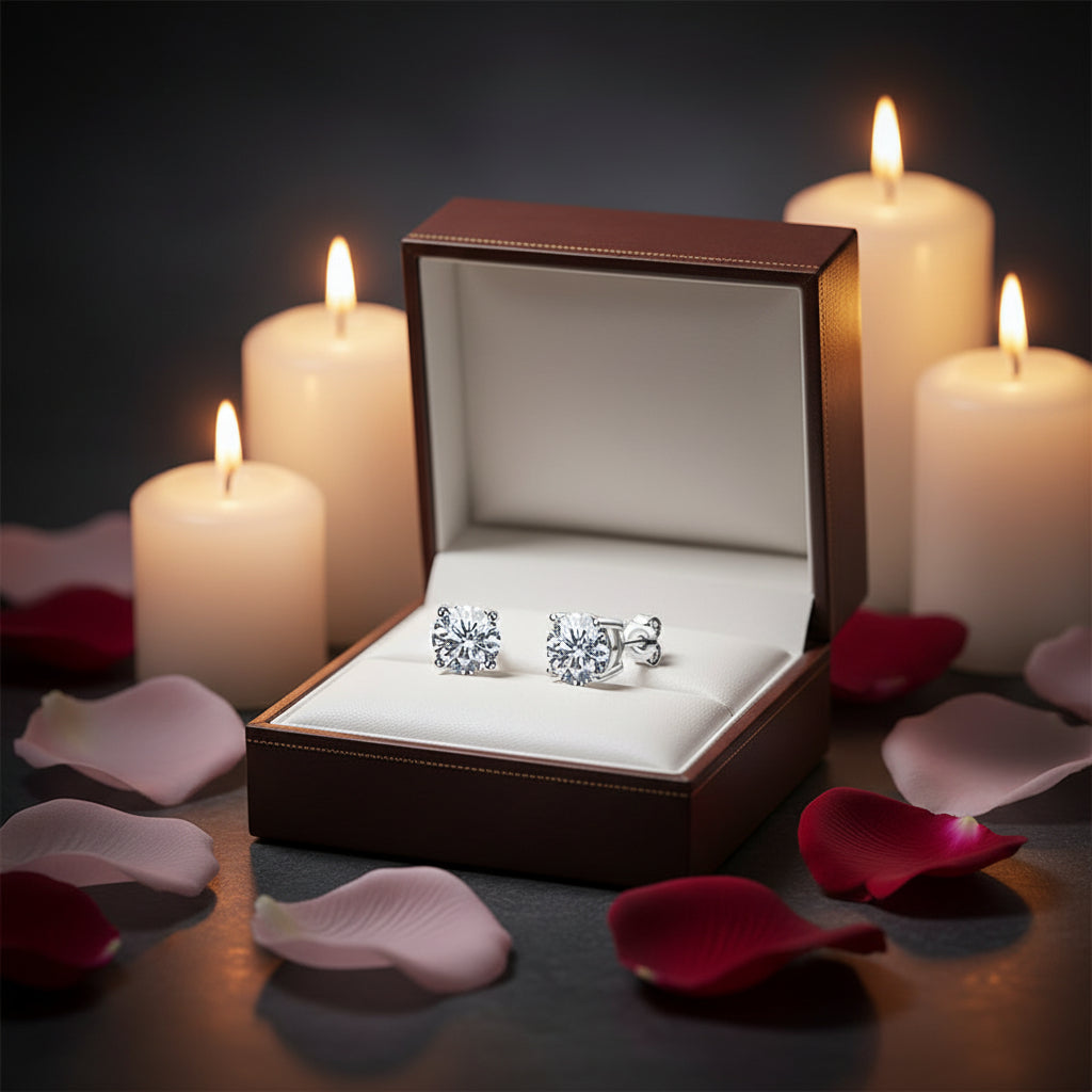 Pair of diamond stud earrings in gift box with rose pedals and candles 