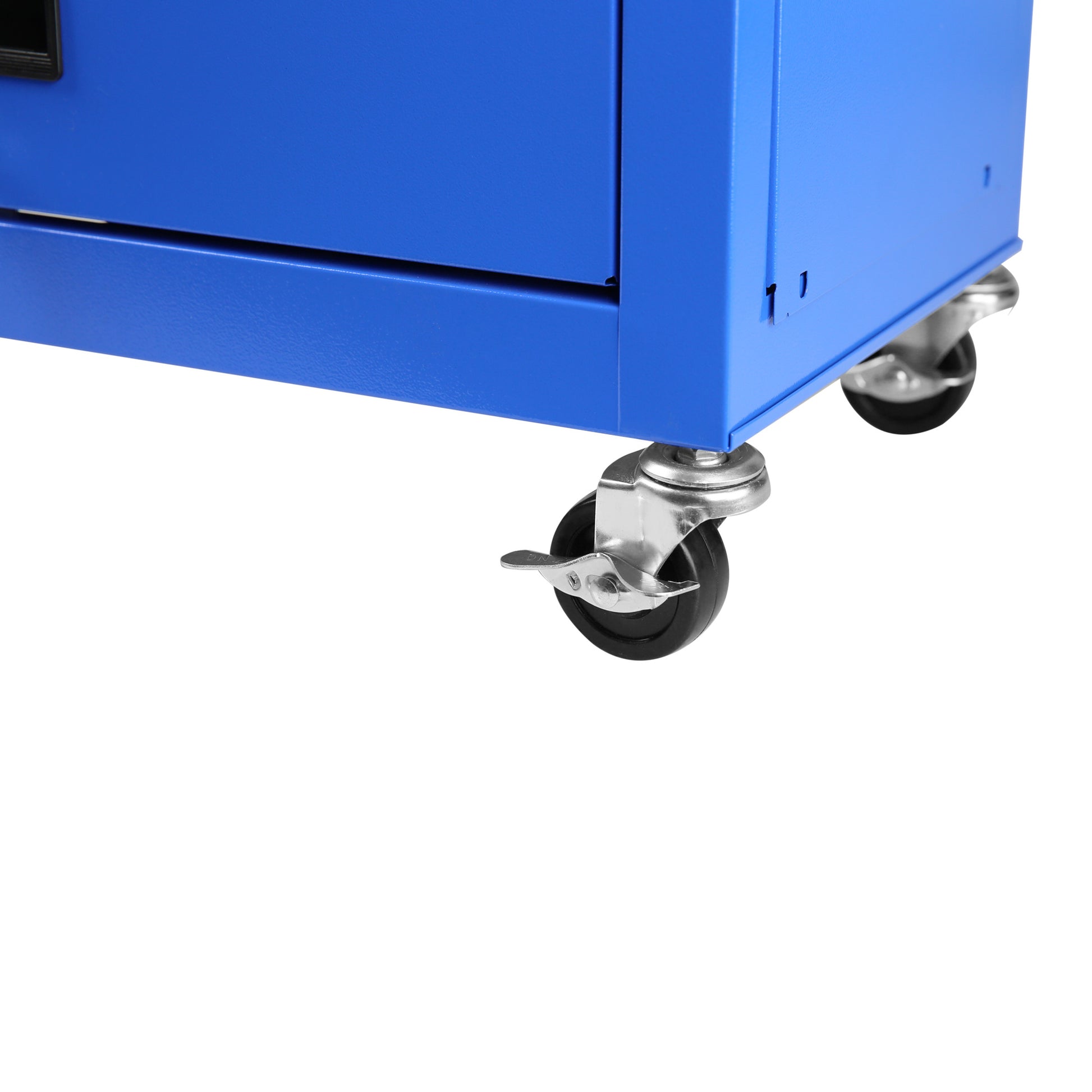 Close-up of a blue cabinet with wheels on a white background