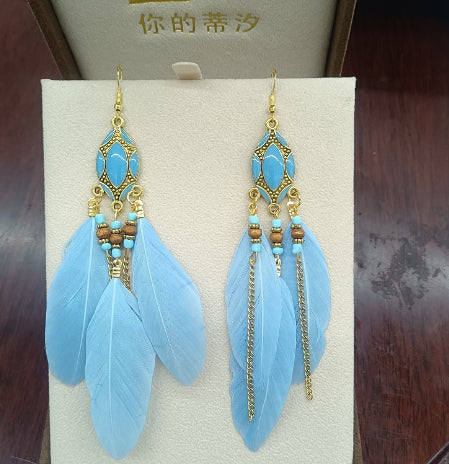 Pair of blue feather earrings with gold accents on a white card. From Nested Wisdom