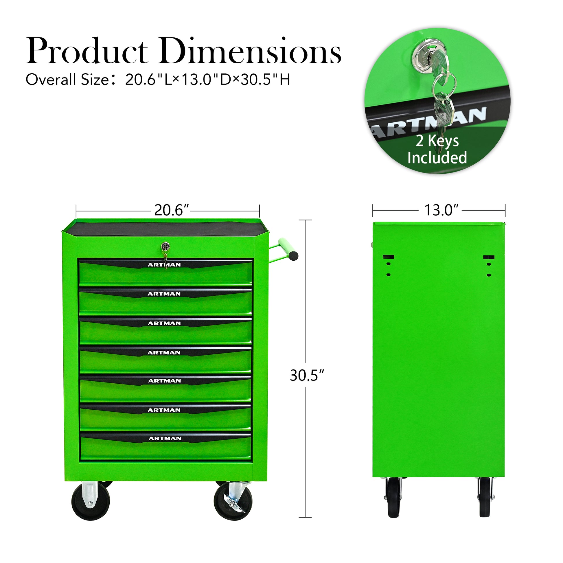 Green tool chest with dimensions and Artman branding on a white background