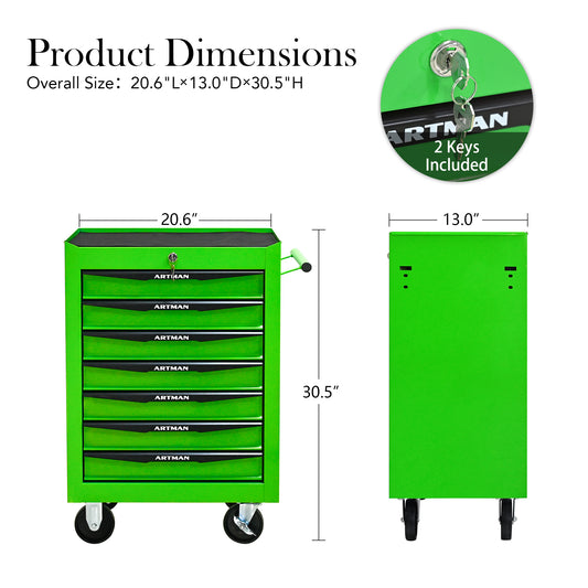 Green tool chest with dimensions and Artman branding on a white background