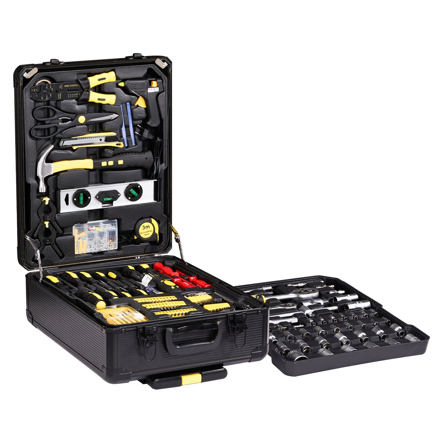 Open tool case with various tools on a white background
