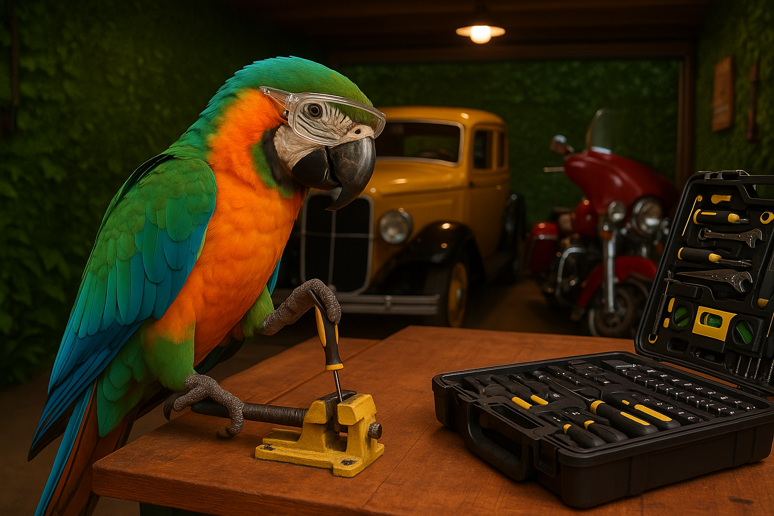 Colorful parrot on a workbench with tools and vintage car in the background