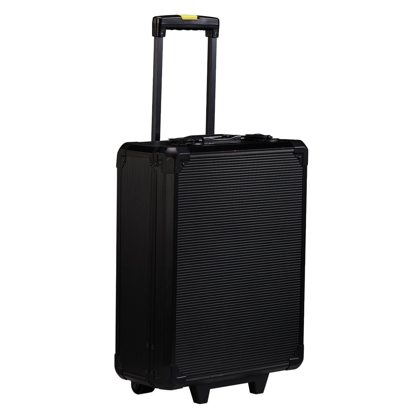 Black suitcase with a handle on a white background