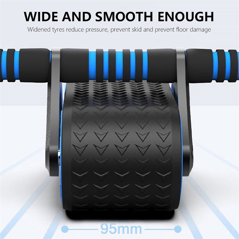Black and blue exercise roller with widened tires on a white background