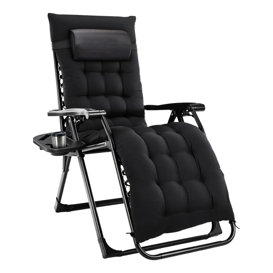 Black recliner chair with armrest and cup holder on a white background