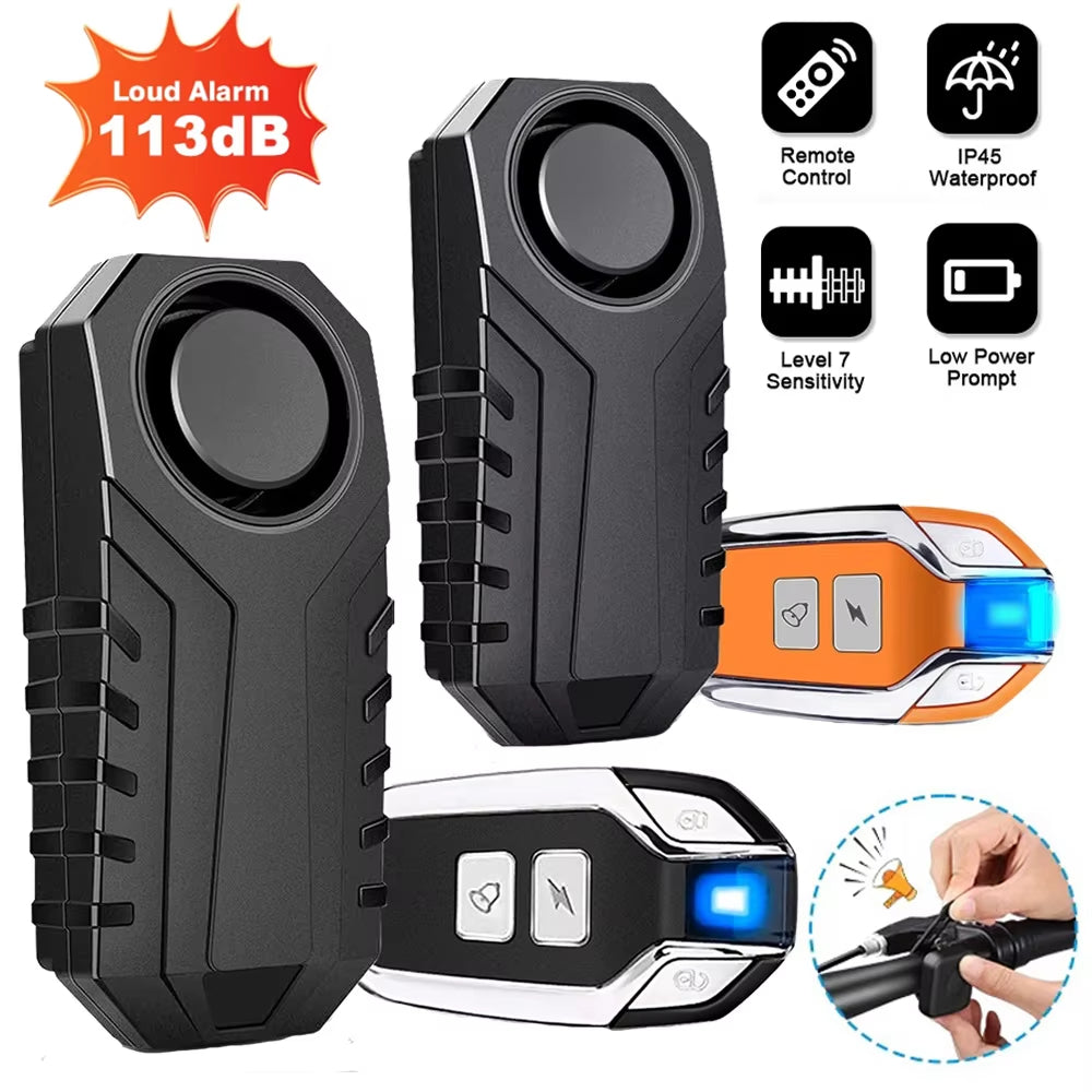 Black alarm devices with remote control and features highlighted on a white background