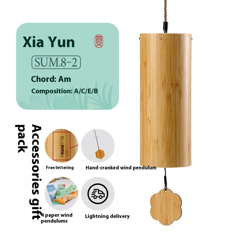 Wooden wind chime with product details on a white background