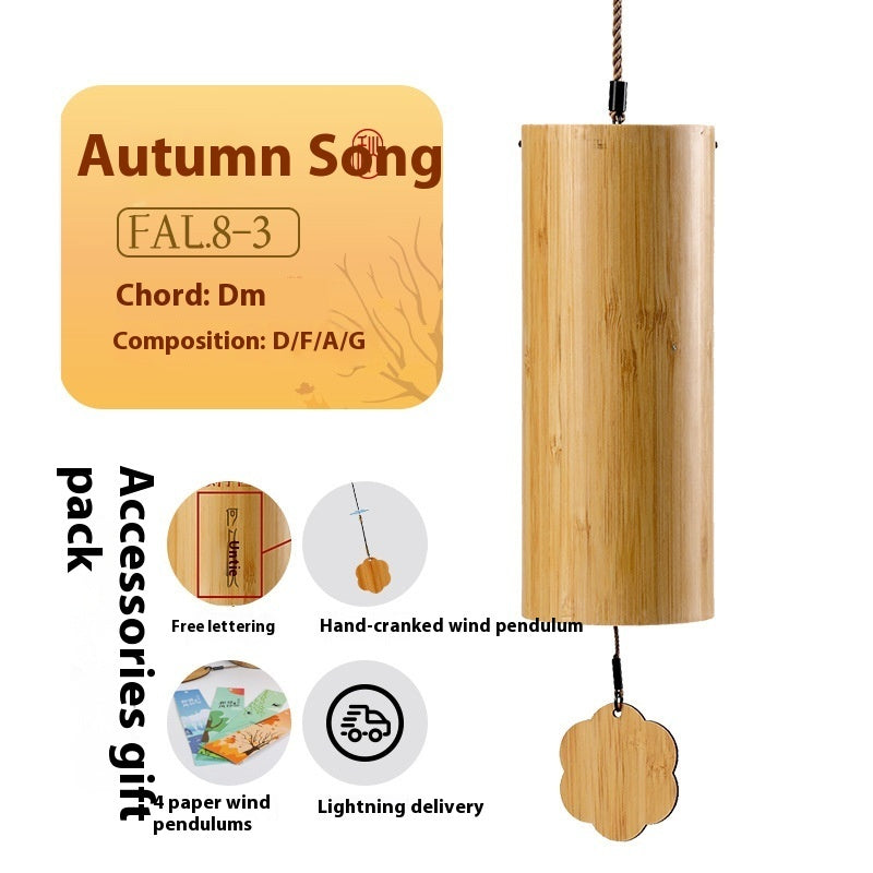 Wooden wind chime with 'Autumn Song' label and product details on a white background