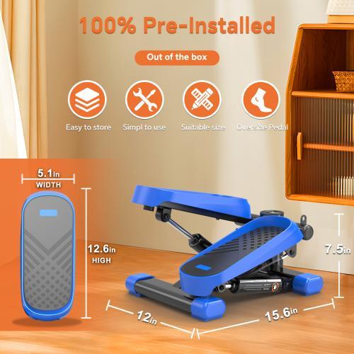 Blue step machine with dimensions and features on a wooden floor.