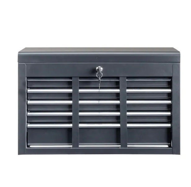 Gray metal tool cabinet with multiple drawers on a white background