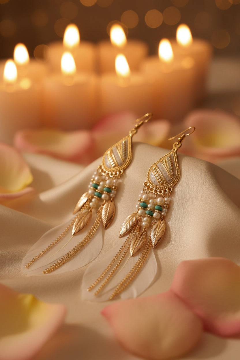 Gold and white feathered earrings with beads on a white background