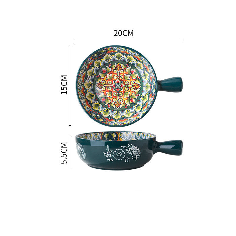 Decorative ceramic bowls with handles and intricate designs, shown with measurements on a white background. From Nested Wisdom