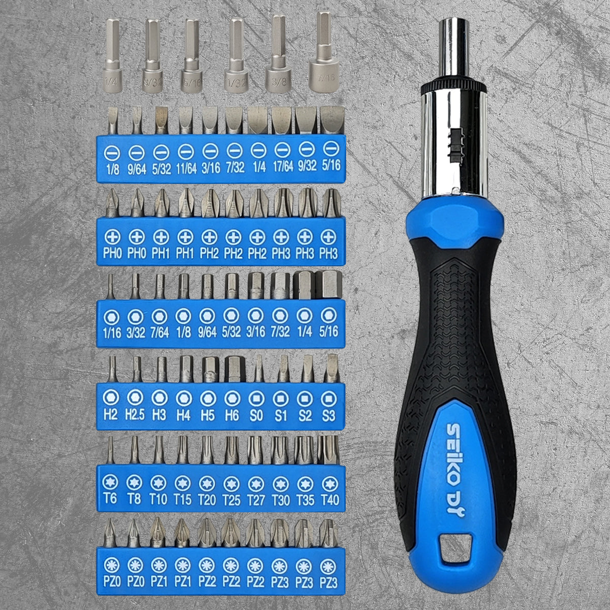 Set of screwdrivers with blue driver heads and black handle on a gray background