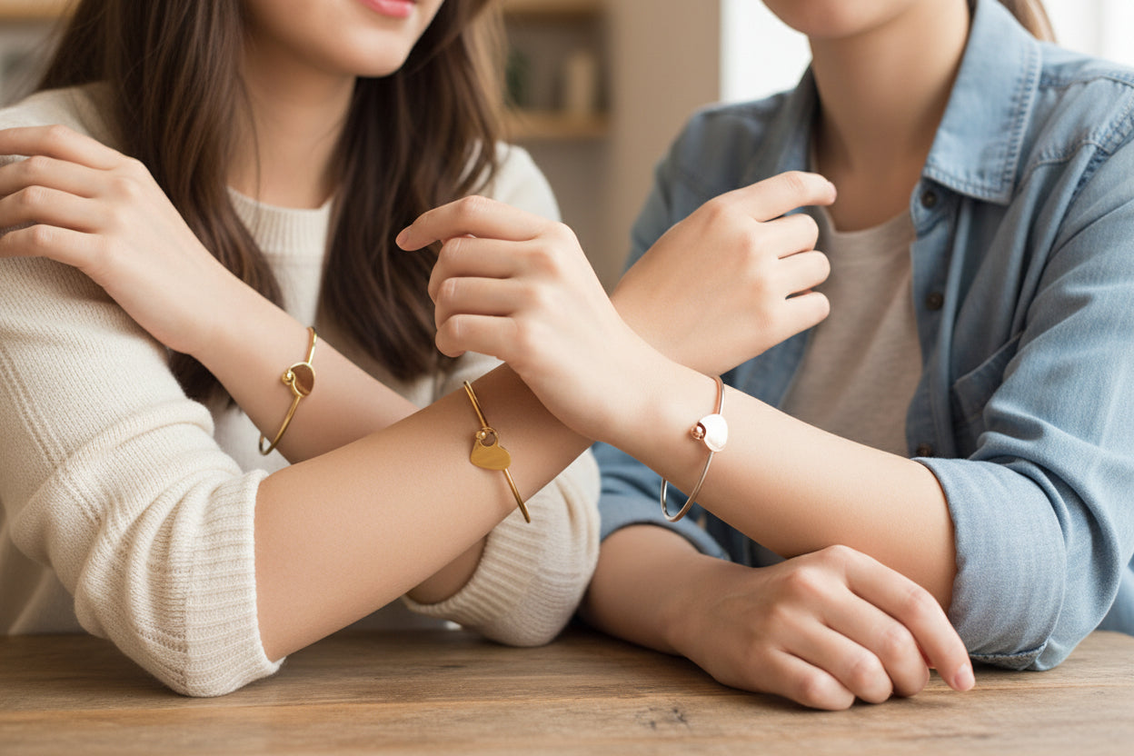 Girls wearing Three heart-shaped bangles in gold, rose gold, and silver 