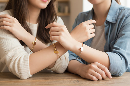 Girls wearing Three heart-shaped bangles in gold, rose gold, and silver 