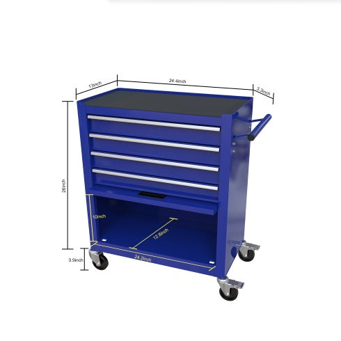 Blue tool cart with dimensions on a white background