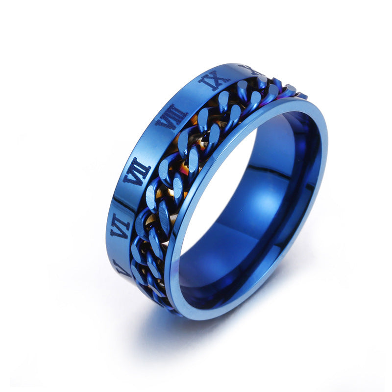 Blue metal ring with chain design and Roman numeral accents on a white background