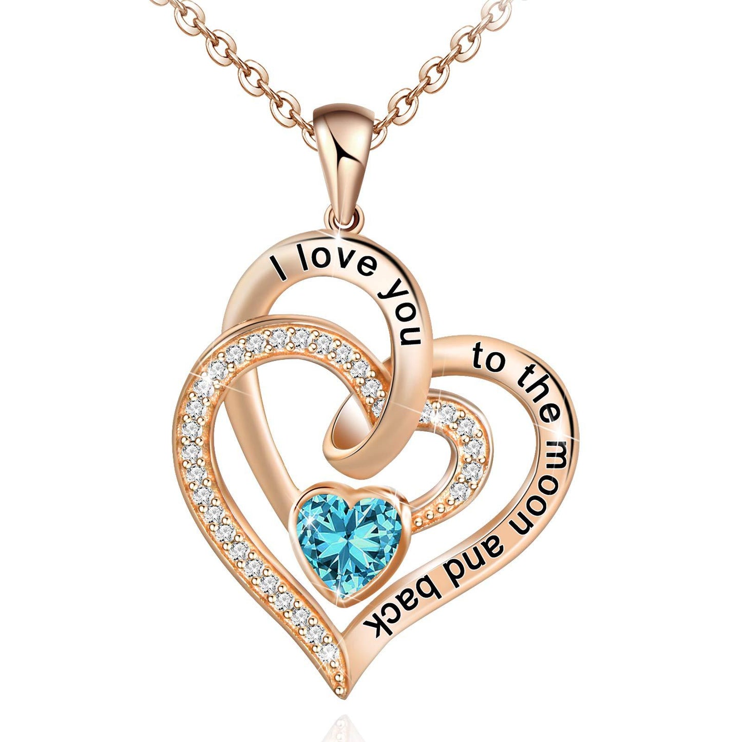 Birthstone Rose gold heart-shaped pendant with blue gemstone and engraved text on a white background