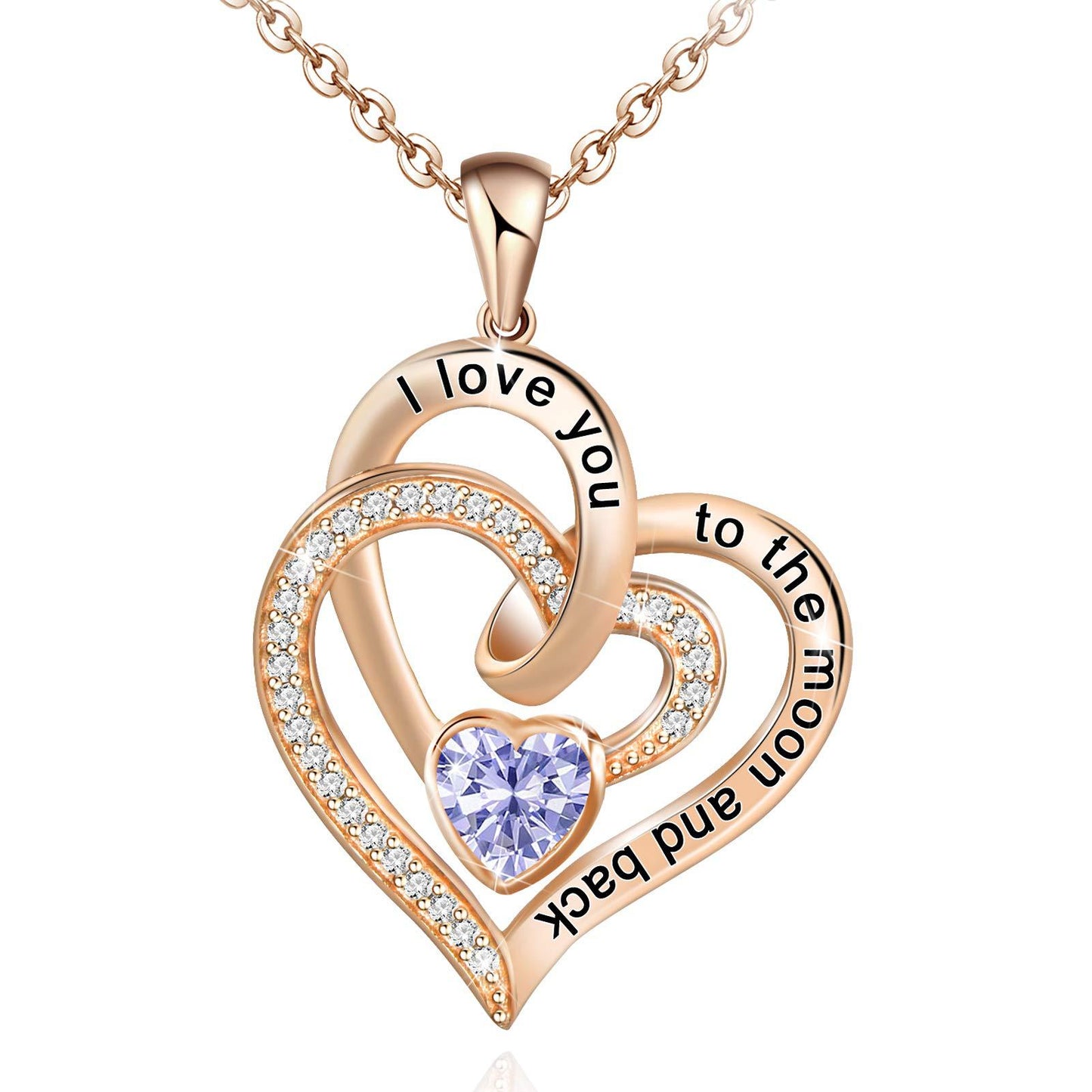 Birthstone Rose gold heart-shaped pendant with 'I love you to the moon and back' engraving on a white background