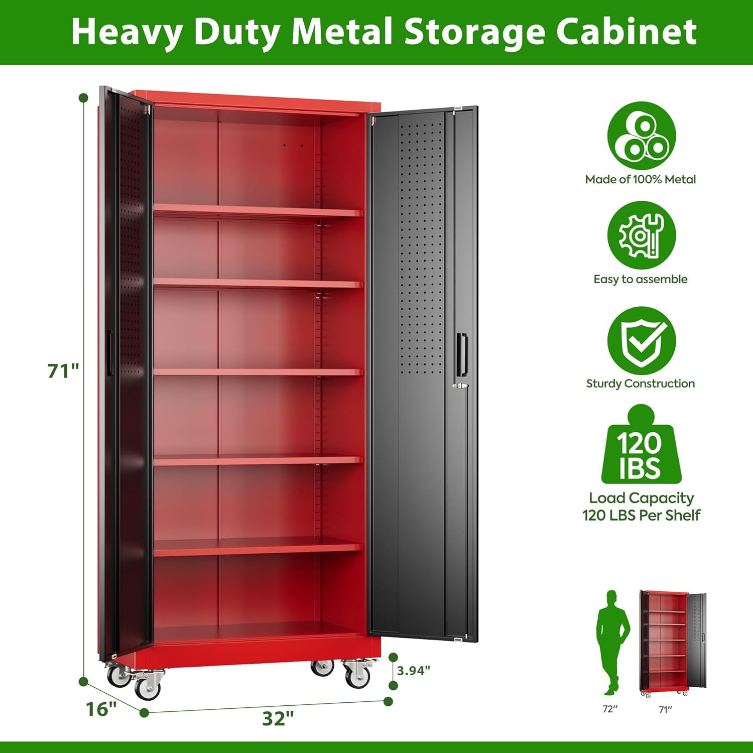 Heavy-duty metal storage cabinet with red interior and black exterior, featuring dimensions and features on a white background.