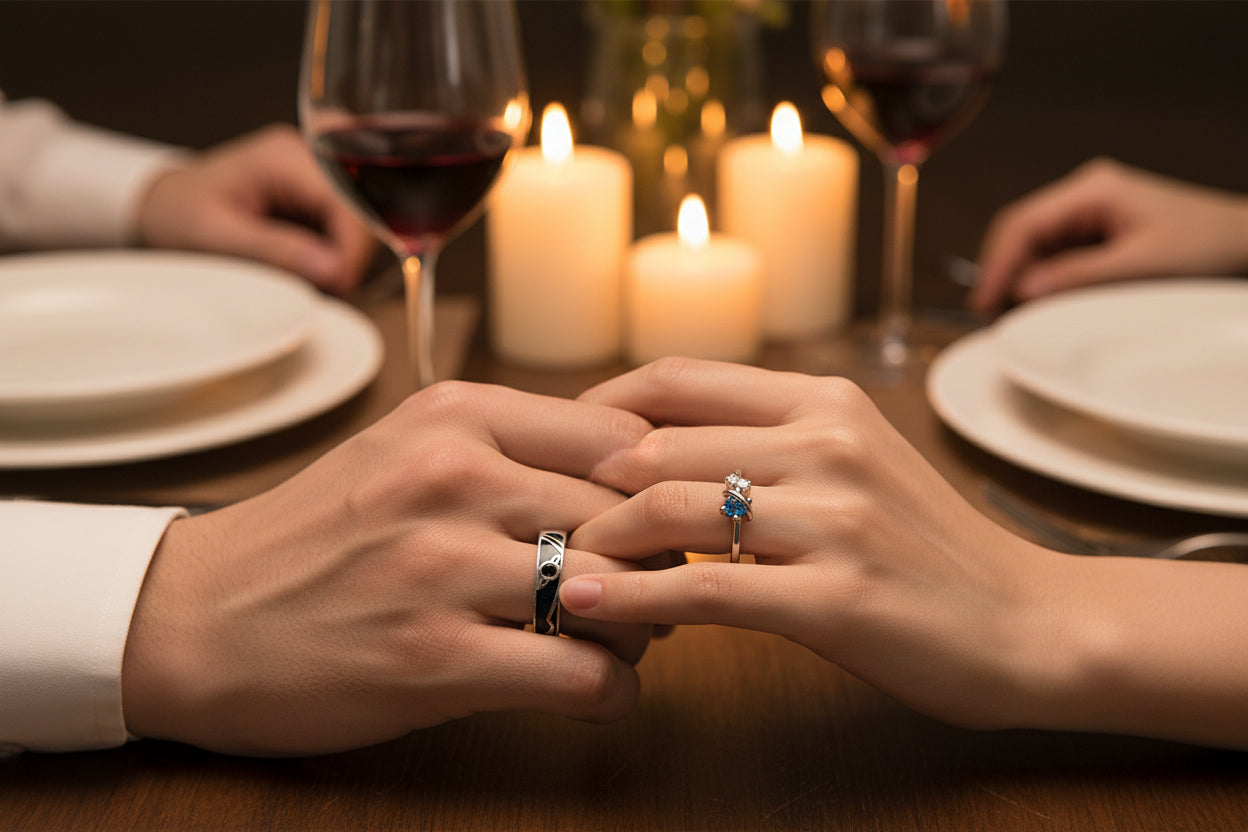 Two silver rings with gemstones on a man and woman