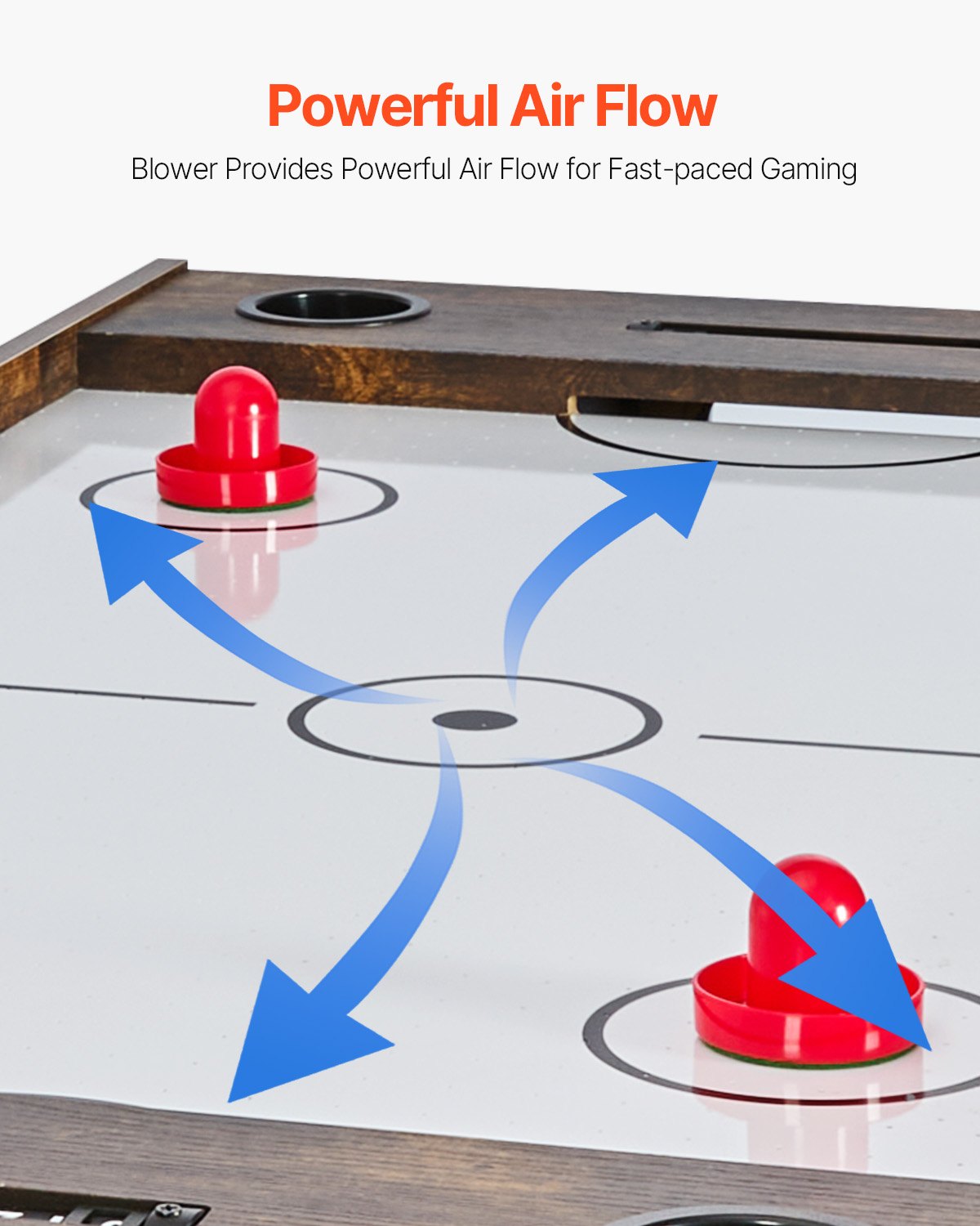 Air hockey table with red pucks and blue arrows indicating powerful air flow, text 'Powerful Air Flow' above.
