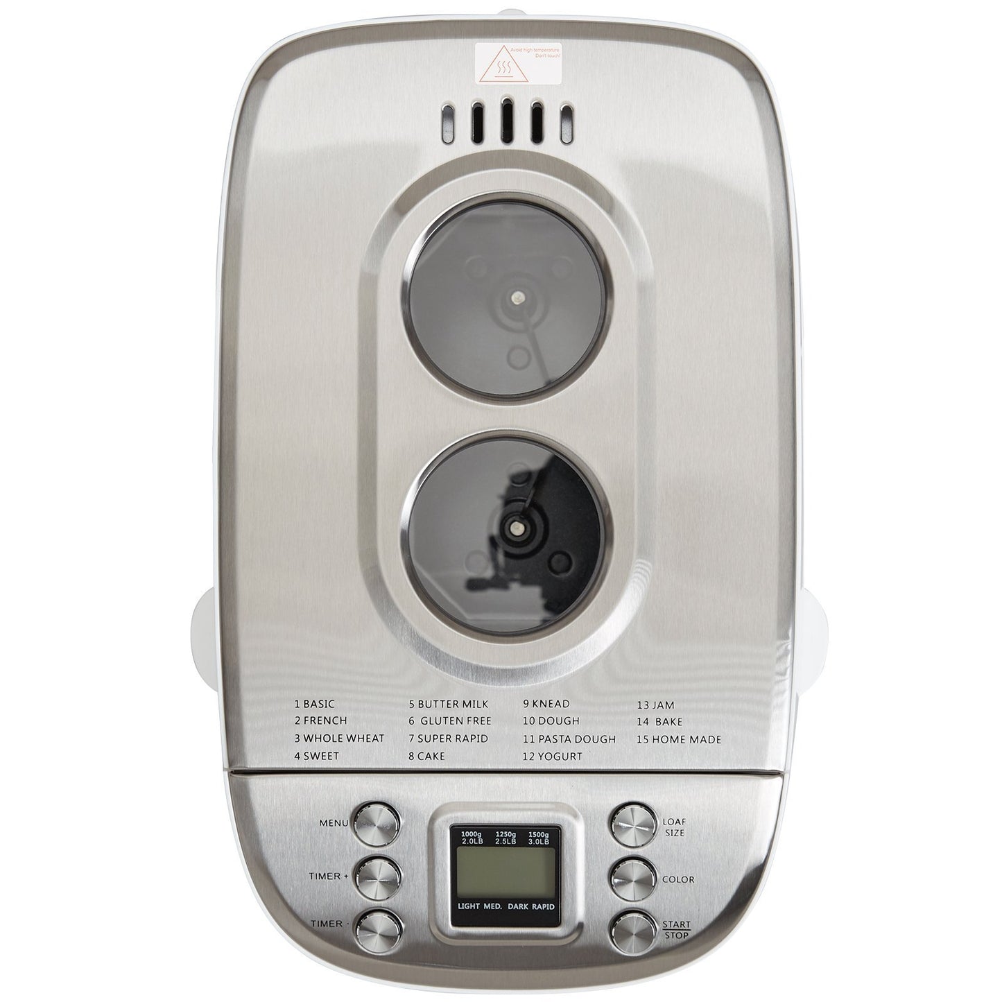 Stainless steel kitchen appliance with digital display on a white background