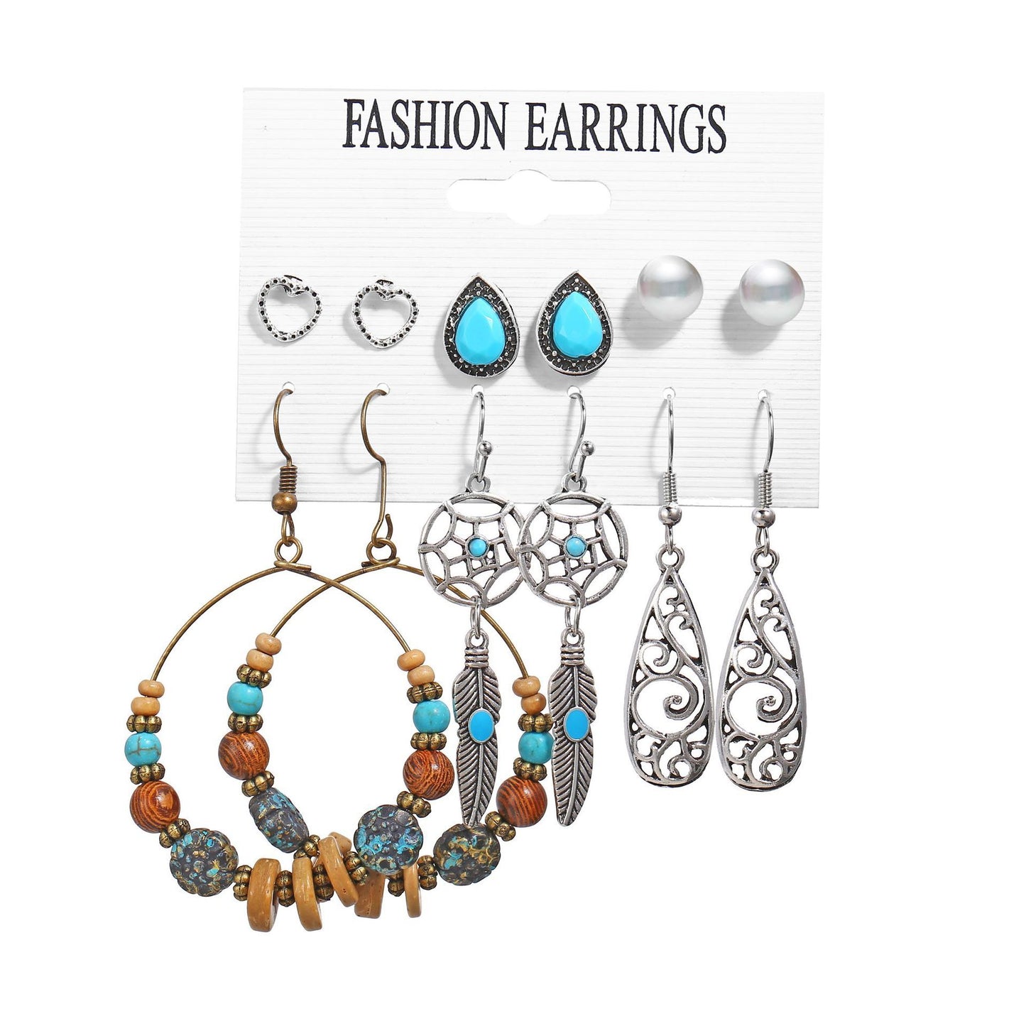 Set of fashion earrings displayed on a card with various designs including beads and feathers.