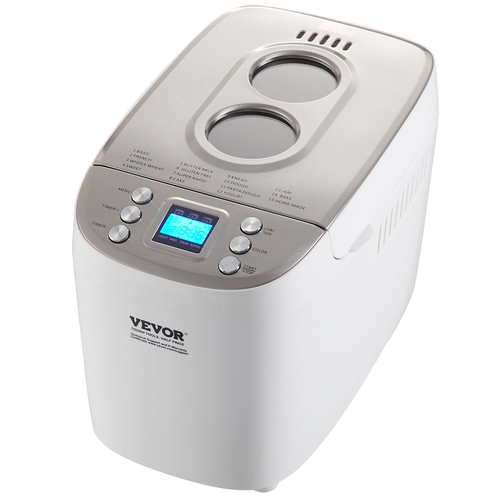 White bread maker with digital display on a white background, featuring the Vevor brand.